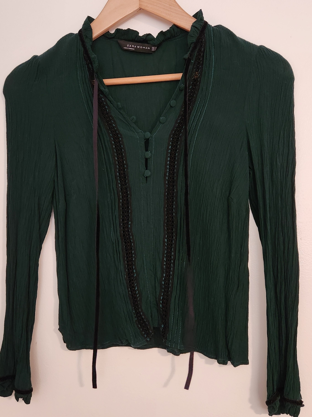 Zara Dark Green Long-Sleeve V-Neck Blouse with Black Trim